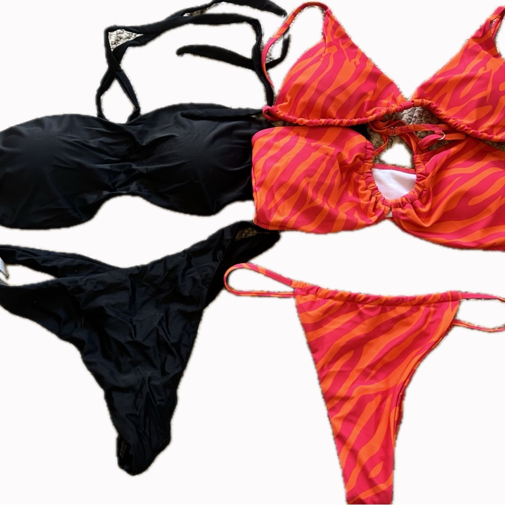 2 women’s bikinis. Black/Pink/orange. Size L. New with tags.